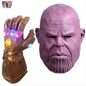 Thanos Mask Gauntlet LED Gloves Marvel Costume Latex War Horror Scary Halloween